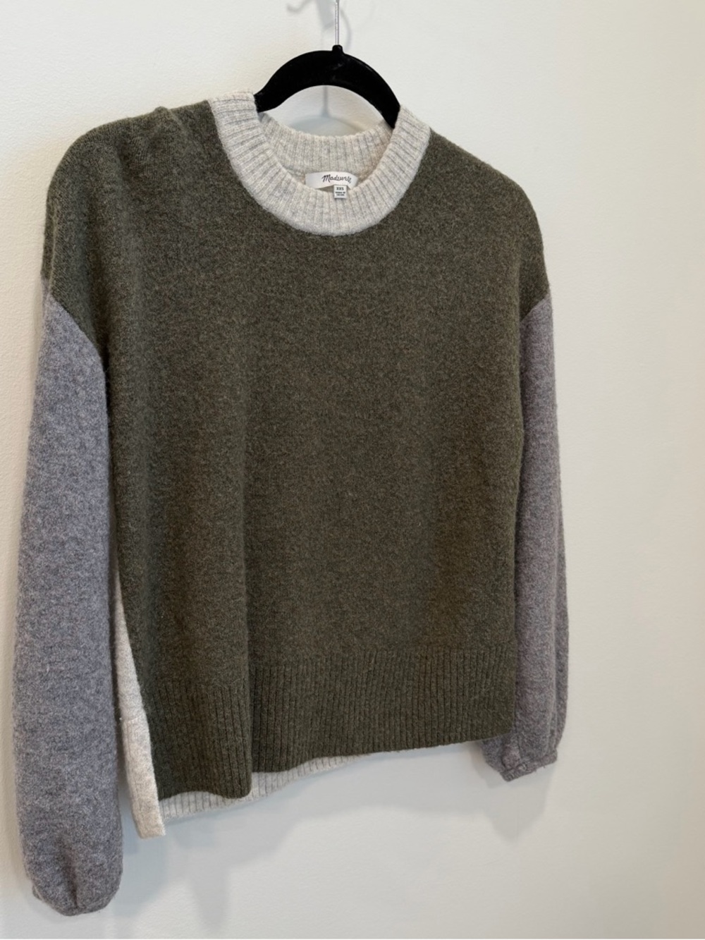 Madewell XXS Women’s Color Block Sweater Merino Wool Alpaca Green Gray Comfy